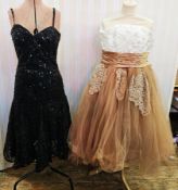 Caramel-coloured short ballgown with stiff net skirt, appliqued lace detail and brown sequins and