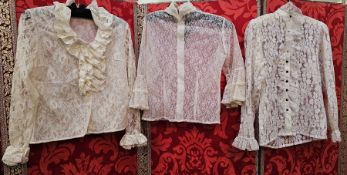 A quantity of 1970's and later lace evening blouses, also white cotton and nylon, to include