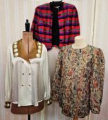 1980's vintage white satin shirt with fawn lapels and cuffs, printed with white circles, double-