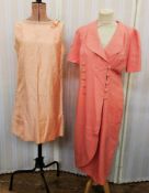 A pale apricot coloured cocktail dress labelled Leslie Fay, apricot coloured ric rac and bead detail