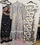10 various 1970's dresses to include Marion Donaldson black velvet bodice with white skirt printed
