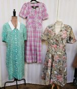 Quantity of 1970's vintage dresses to include a green cotton shirt dress, white button fastening,