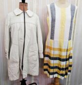 Cream linen coat with black saddle stitching, zip front, pintucks, Peter Pan collar, double vent