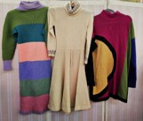 A quantity of assorted knitwear to include two knitted dresses, a jumper dress, a crochet coat, a
