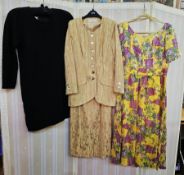 Jean Muir black wool crepe shift dress, size 10, a Patsy Seddon labelled mustard-coloured linen suit