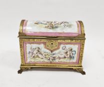 Early 20th century Sevres-style gilt metal-mounted domed casket, printed with putti amongst
