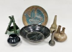 C.H. Brannam Barum pottery green-glazed dish, early 20th century, formed from three simulated bamboo