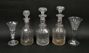 Pair of 19th century glass decanters and stoppers of mallet form, 30cm high, another similar