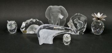 Swarovski crystal glass pineapple with rhodium leaves, 10cm high, two Swarovski crystal glass owl