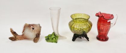 Art Nouveau vase in the manner of Loetz, with green iridescent body on a naturalistic stand, 17cm