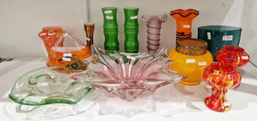 Collection of coloured studio glass including a pair of MCM green bamboo-style vases, 22cm high, a