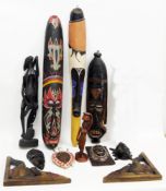 Collection of tribal and ethnic items including two large painted face masks, tallest 104cm high,