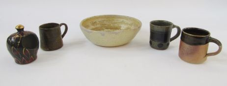 Robert Goldsmith for Selborne Pottery, a small salt pot with gilt decoration on green and red