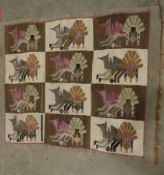 Modern white and brown kilim with three rows of four featuring Meso-American figures, single grey