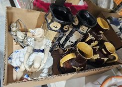 Wallendorf porcelain ballerina figure, three graduating brown ceramic jugs decorated with