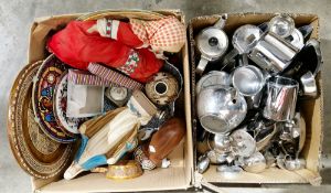 Quantity of stainless steel milk jugs, coffee and teapots, small bulbous form satsuma-style vase,