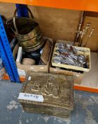 Two brass coal scuttles, set of Romance stainless steel cutlery set, assorted 20th century mantel