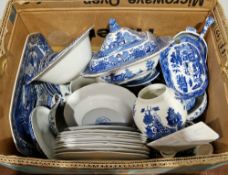 Assorted English pottery transfer-printed blue and white willow pattern wares including Burleigh