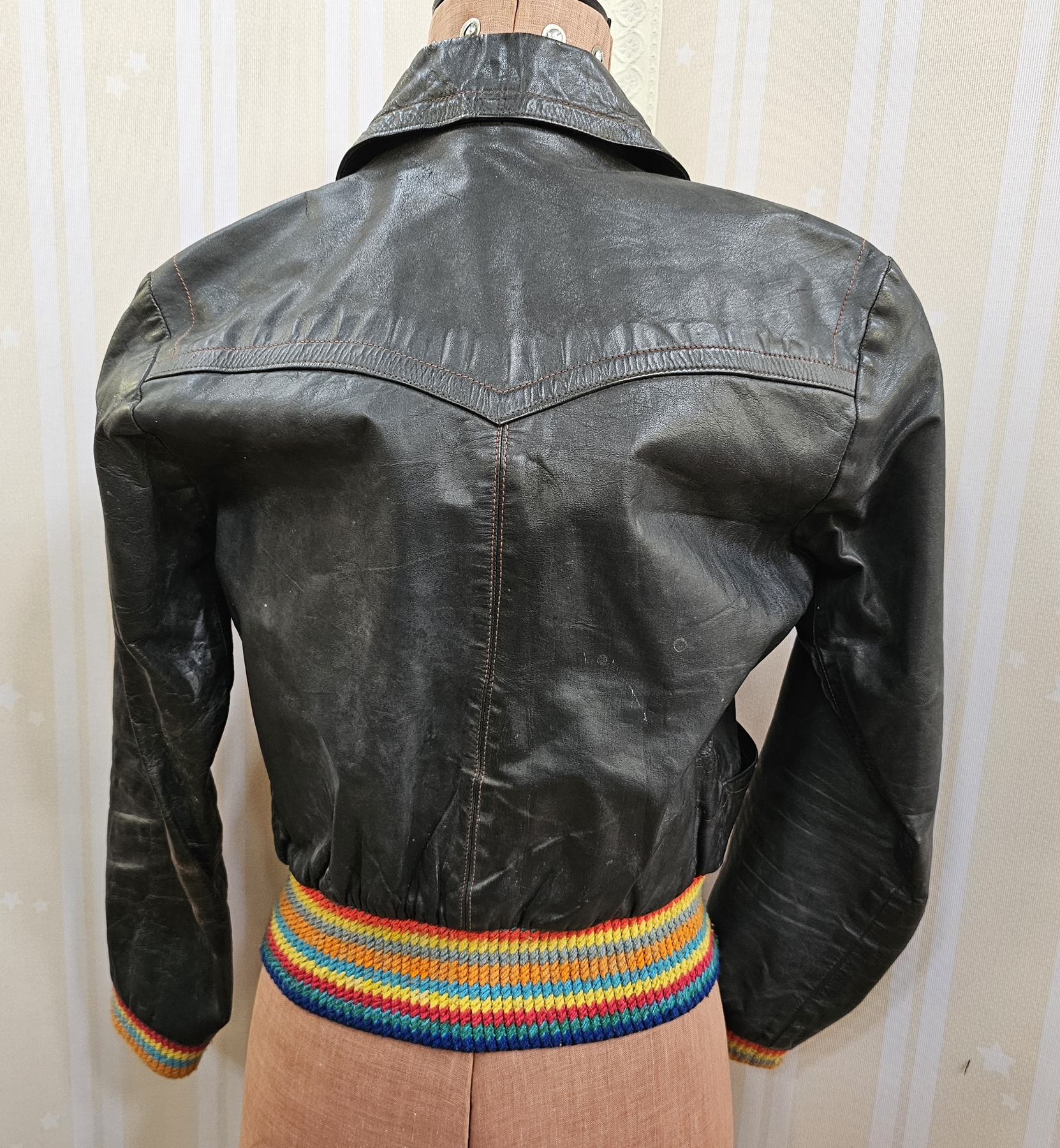 Mr Freedom 1970's leather bomber jacket, pink zip, knitted waistband and cuffs, the leather does - Image 2 of 3