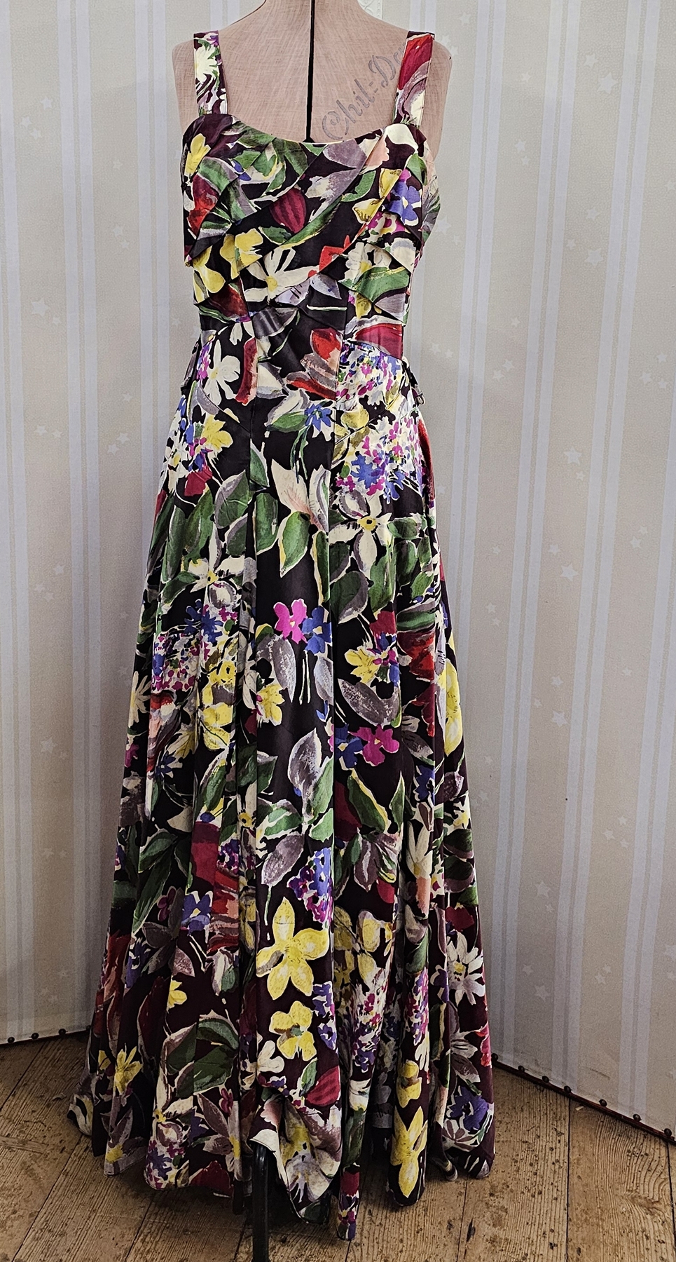 1950's possibly silk evening gown with broad straps, very full skirt, draped bodice (little damage