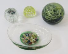 Large Mdina glass paperweight with swirled yellow, blue and green decoration, inscribed to base,