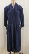 Vintage dresses 1940's, blue with beaded decorations to the collar and waist, belt missing, a blue