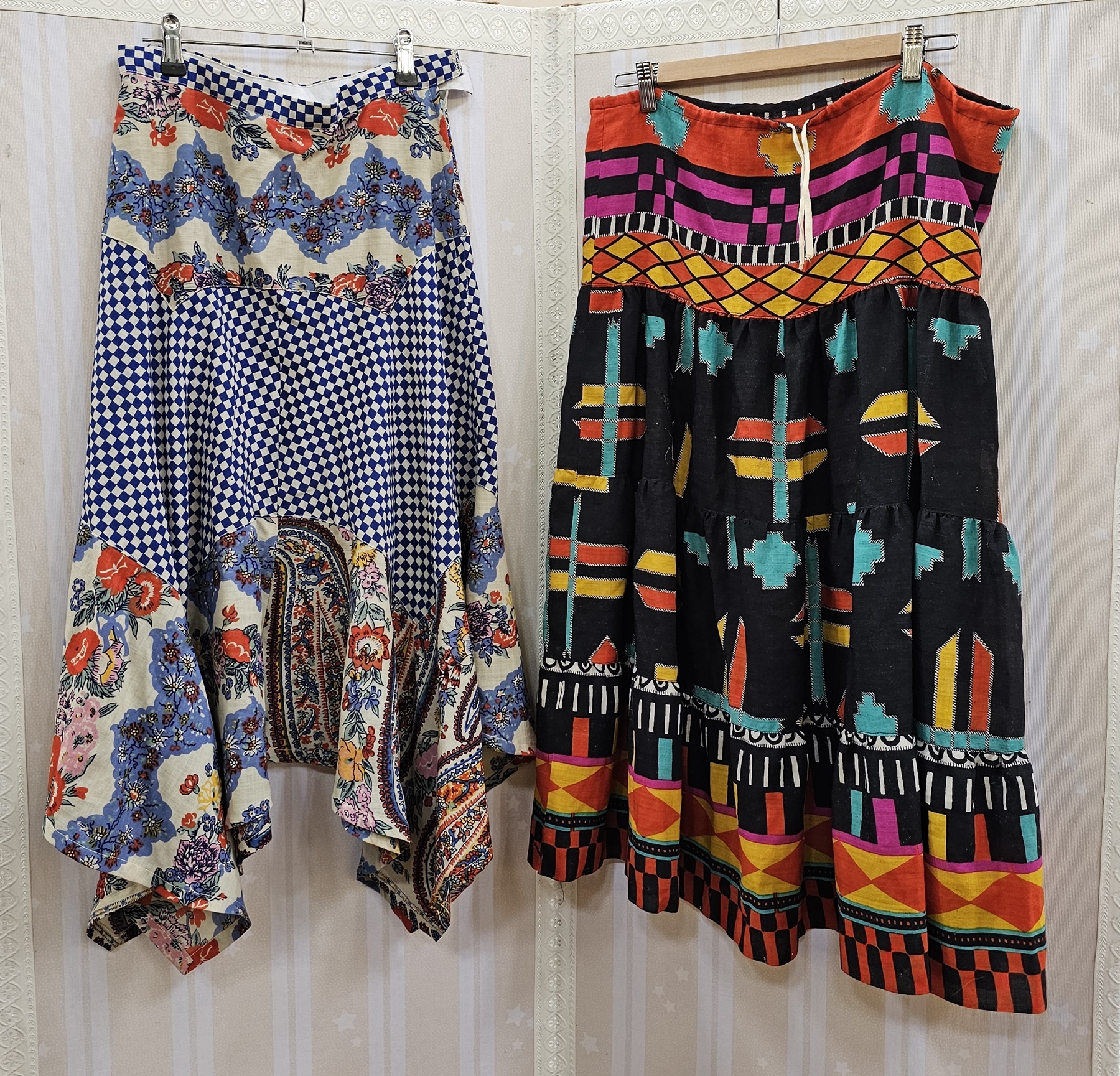 1970's cotton skirt, handkerchief hem, Liberty patterns, a black 1970's skirt with Aztec-style