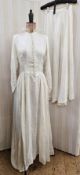 1950's wedding dress, figured rayon, button and loop fastening and a lace wired collar ( slight rust