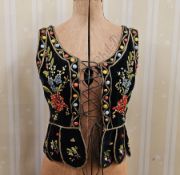 Turkish-style embroidered velvet waistcoat, sequins, buttons, diamante, flowers, with a peplum and a