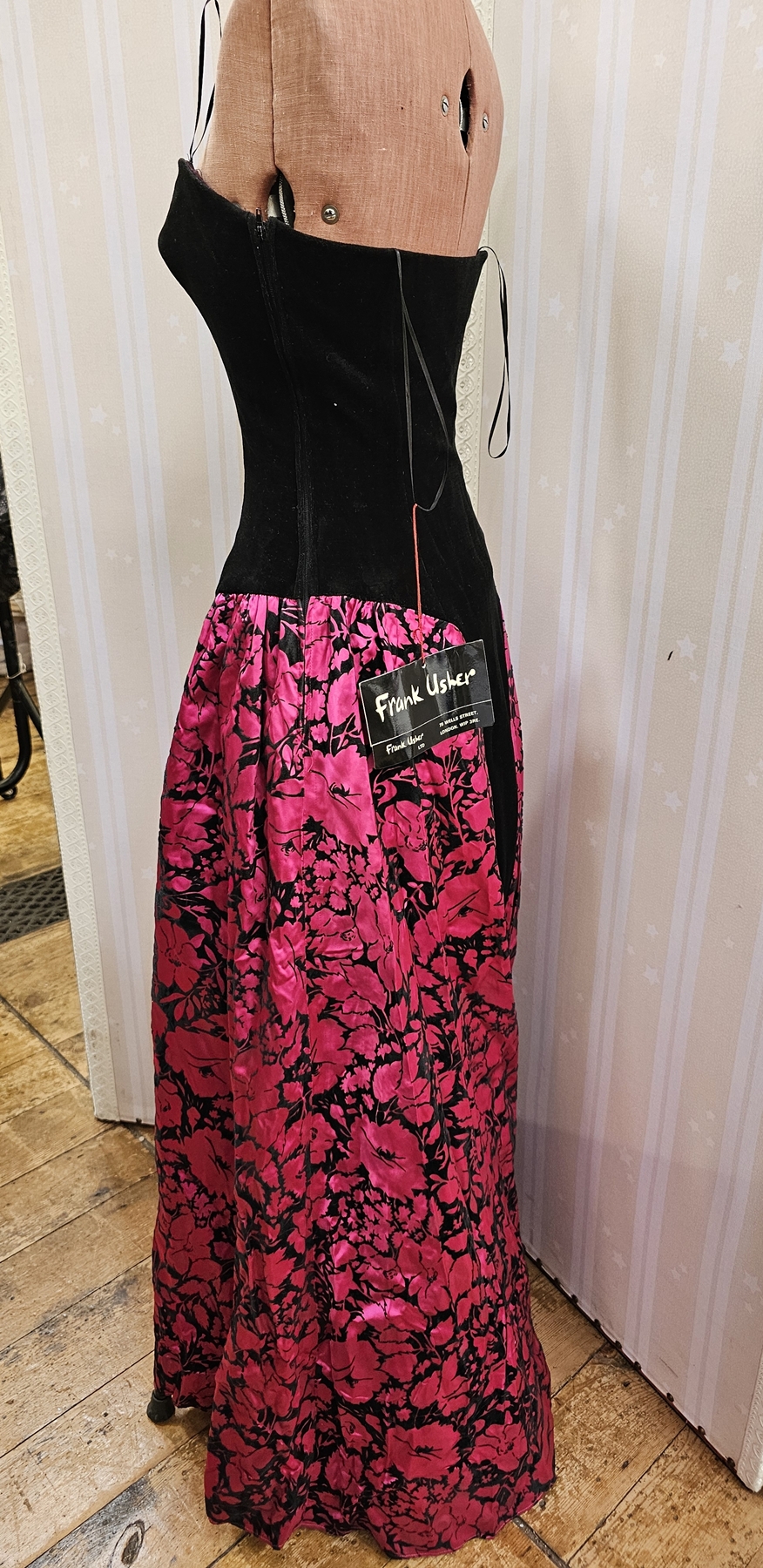 Frank Usher evening gown, strapless, black velvet bodice with a pink and black cut velvet full - Image 2 of 4