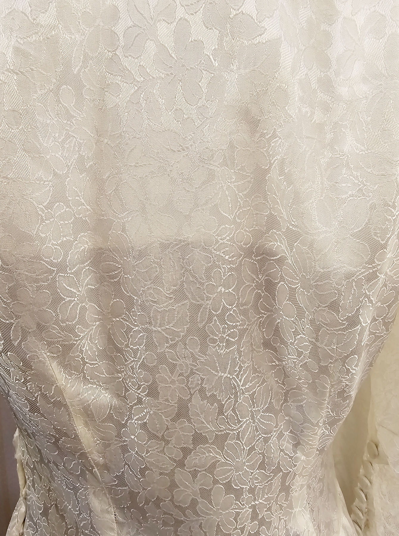 1950's wedding dress, figured rayon, button and loop fastening and a lace wired collar ( slight rust - Image 4 of 4