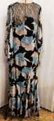 A 1930's printed chiffon evening dress, lace detail to the bodice, angel sleeves scalloped edge,