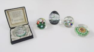 Whitefriars glass paperweight, facet cut with dome of concentric millefiori canes, dated 1974, 8cm