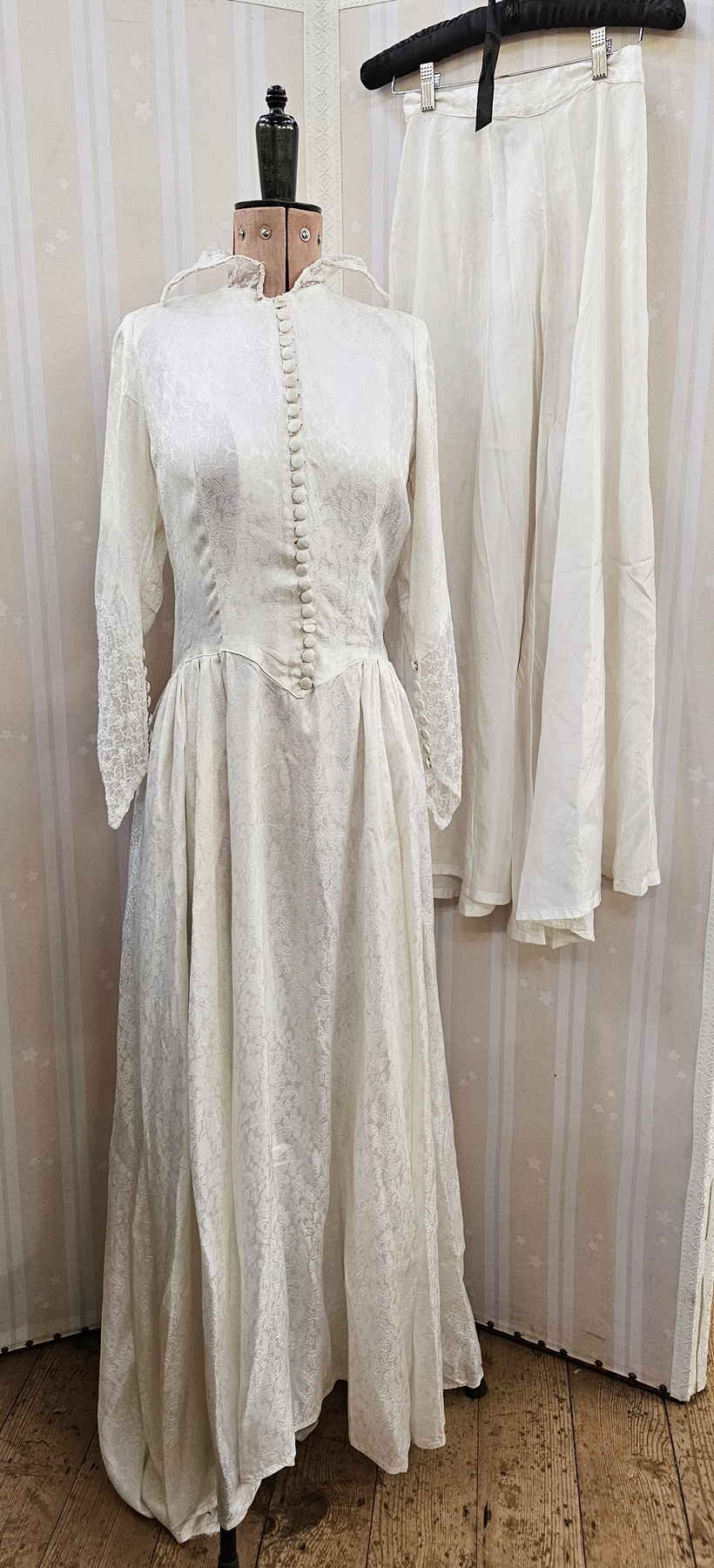 1950's wedding dress, figured rayon, button and loop fastening and a lace wired collar ( slight rust - Image 3 of 4