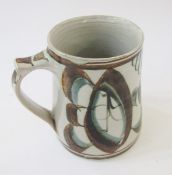 Alan Caiger-Smith for Aldermaston pottery mug, painted in brown and blue with stylised oval