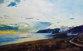 Richard Thorn RI SWA (born 1952) Watercolour Coastal scene at sunrise with whitewashed building,