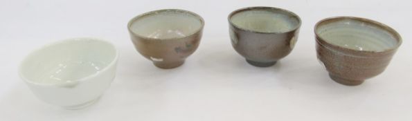 Three Ray Finch (1914-2012) for Winchcombe tea bowls viz:- salt glazed with feather decoration, 12cm
