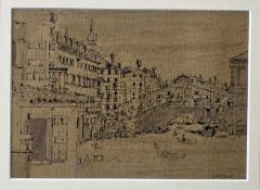 John Talbot Hicks (1926-1991)  Pen and ink  Rialto Bridge, Venice, signed lower right, framed and