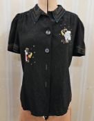 Vintage Emmanuel Khanh Paris black embroidered short sleeved shirt, a blue linen Emmanuel Khanh