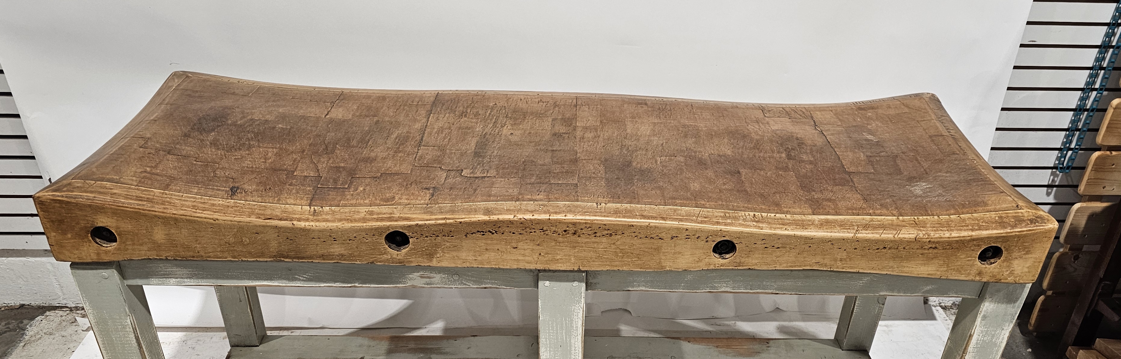 Early to mid-20th century large double length butcher's block with iron screw thread braces, on a - Image 2 of 4