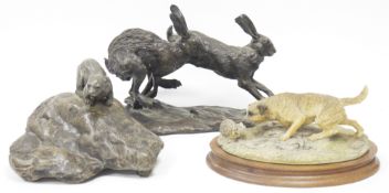 Bronzed resin model of two running hares by Jon Bickley, 28cm long (a/f) together with a model of an