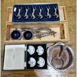 Mixed lot of silver plate and metalware including wine bottle coaster, set of cased four Crown