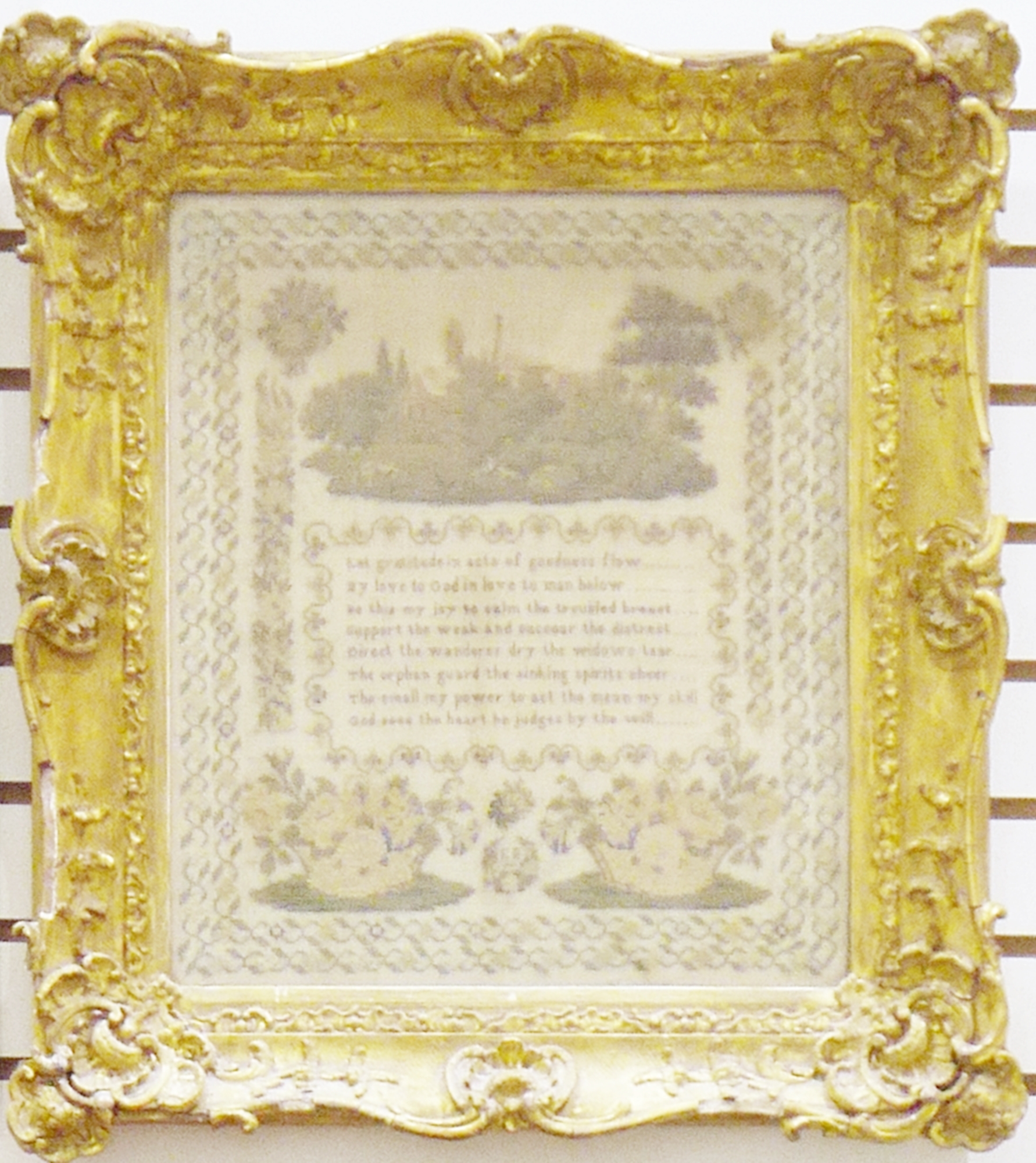 Late 19th / early 20th century needlework pictorial sampler, initialled EB, worked with a poem ' Let