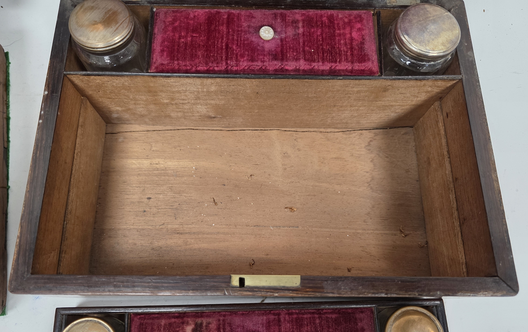 Victorian rosewood travelling dressing box, with mother of pearl inlay, the hinged lid opening to - Image 4 of 4