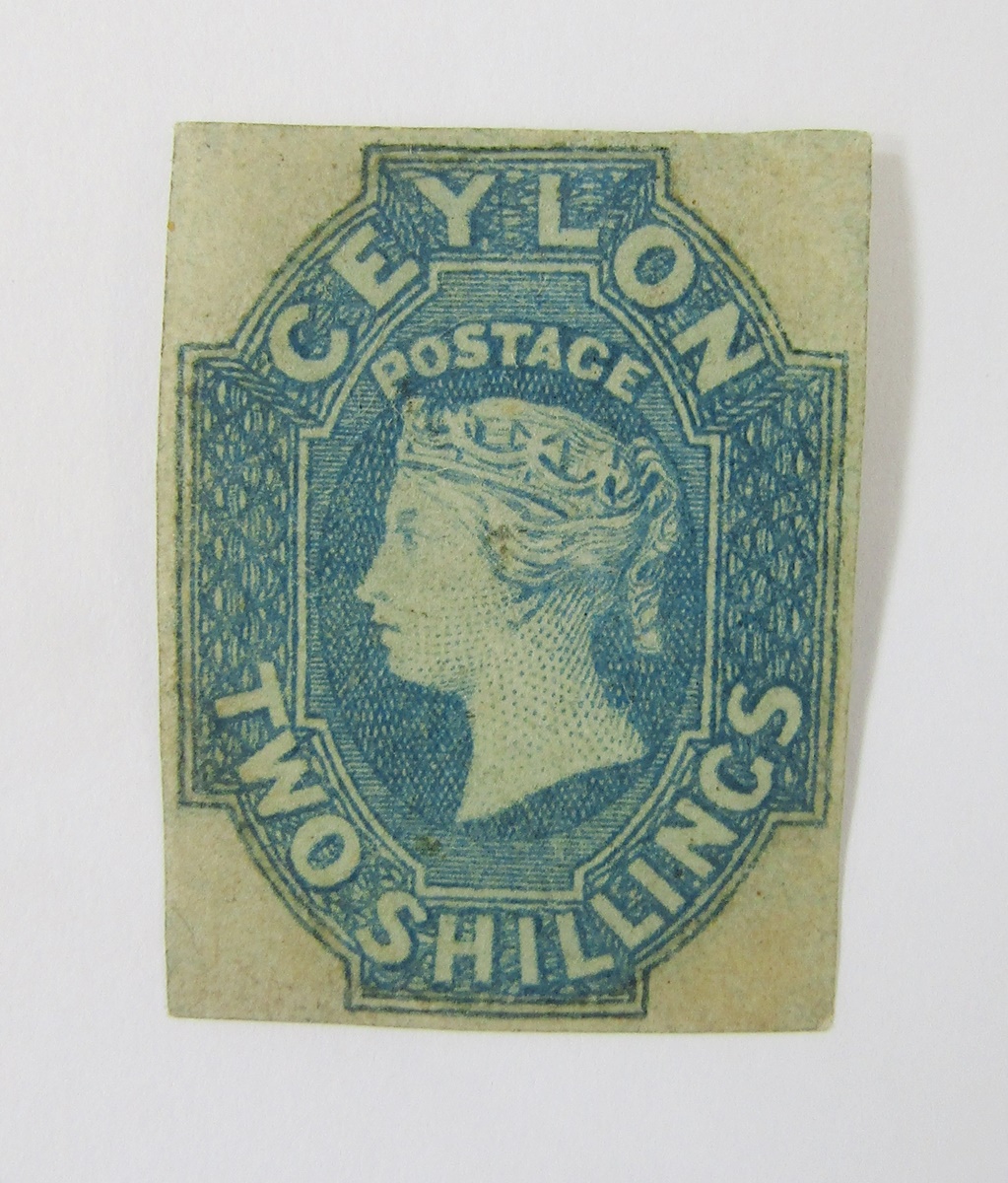 Ceylon stamp: Mint (washed) 2/- dull blue imperf, SG 12, cat £6500.