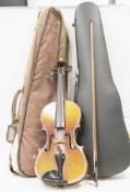 Late 19th century violin, the button stamped with mirrored RR monogram in shield and REGD beneath,