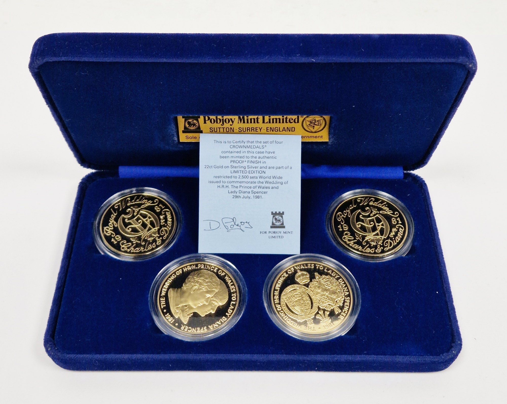 Pobjoy Mint set of four silver gilt limited edition crown medals to commemorate the Wedding of