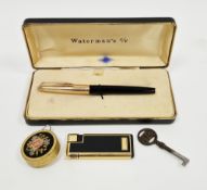 Cased Waterman's fountain pen having a rolled gold and black case with 14k gold nib together with