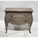 Modern French style distressed pine chest of two drawers of bombe form, the drawers with metal