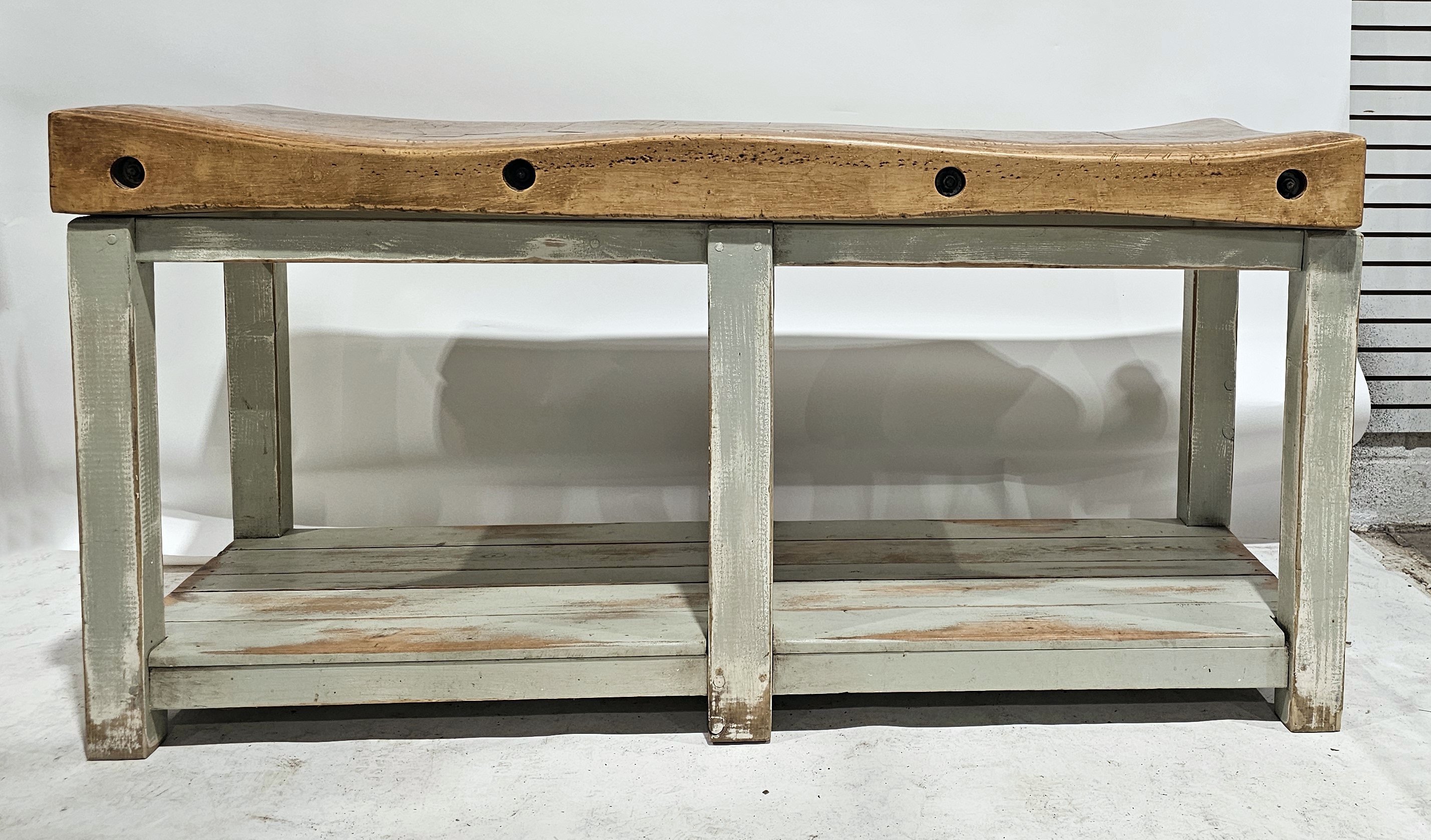 Early to mid-20th century large double length butcher's block with iron screw thread braces, on a - Image 3 of 4